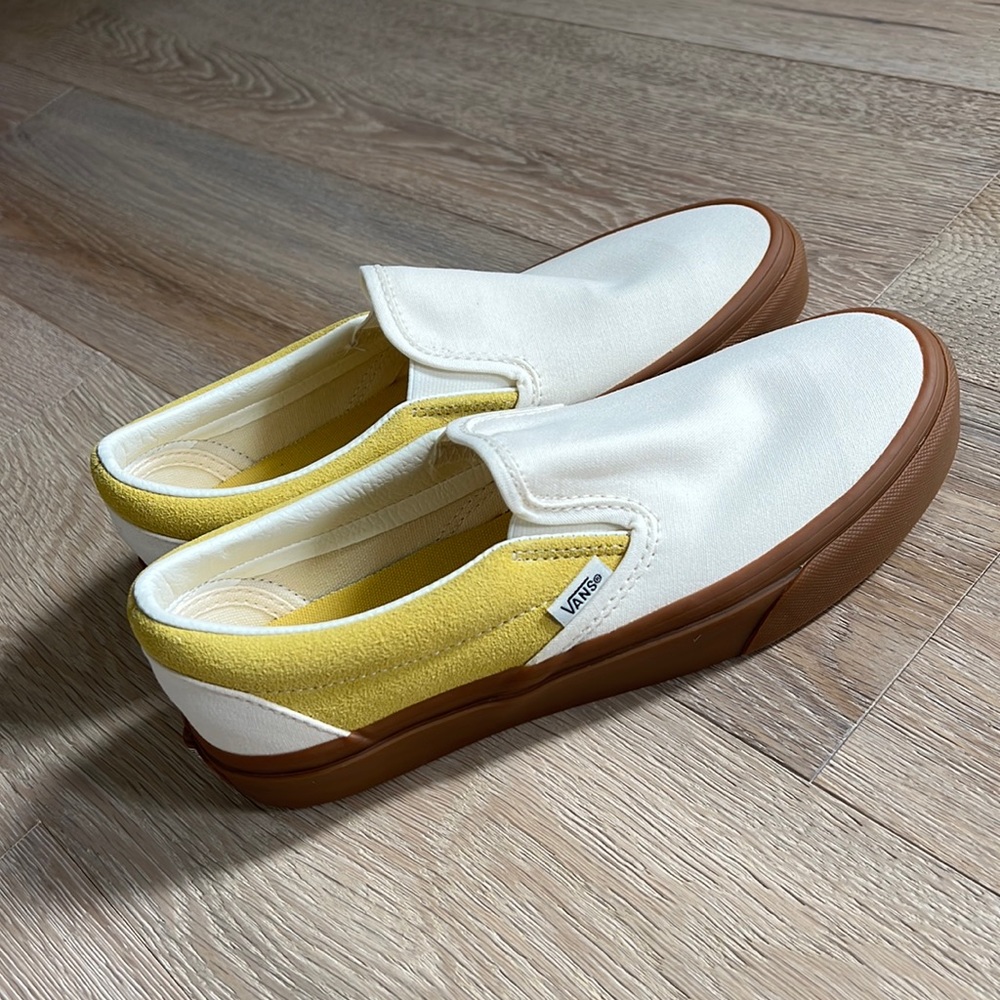 Brand new classic slip-on Vans in the colors Gum, Marshmallow, and Cream Gold